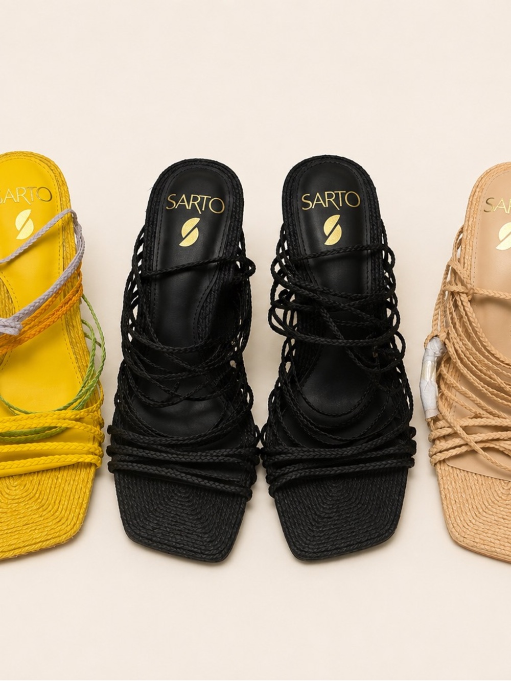SARTO By Franco Sarto Black, Tan, Yellow Rope-Strap Square-Toe Heels